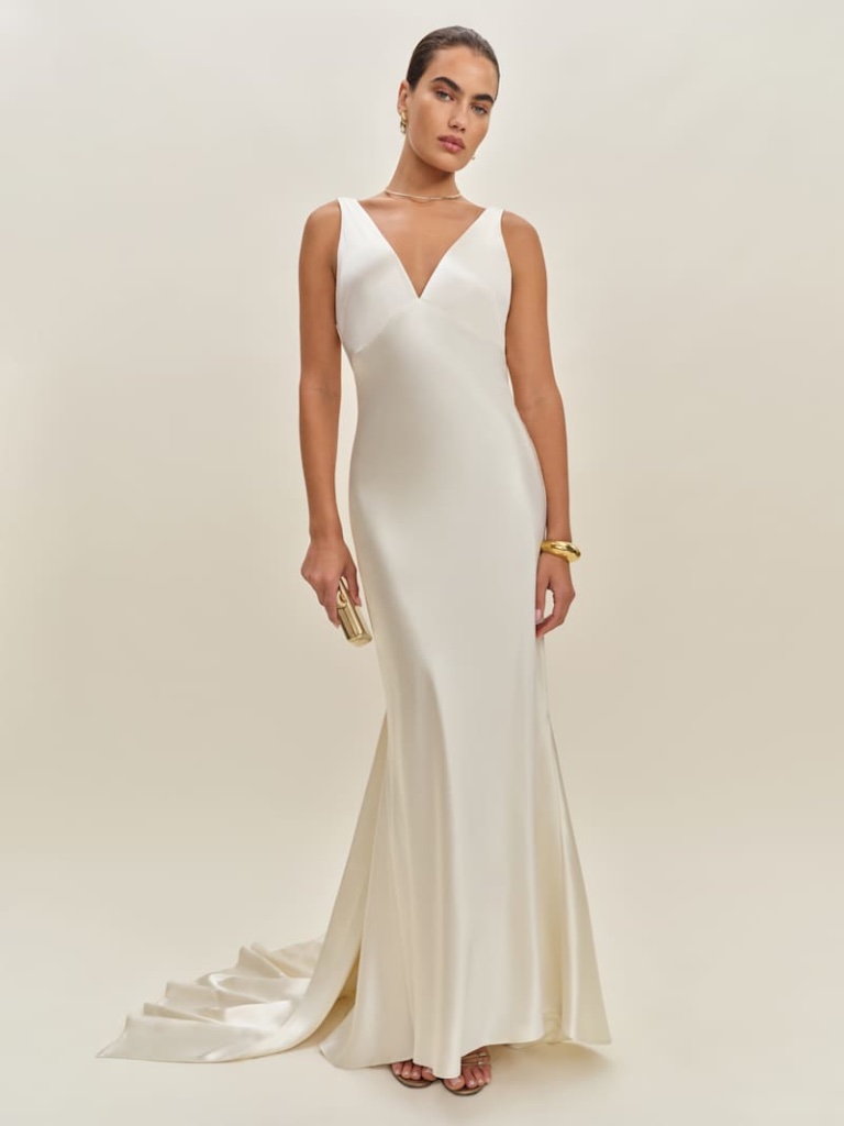 Reformation Ivory Satin V-Neck Slip Gown